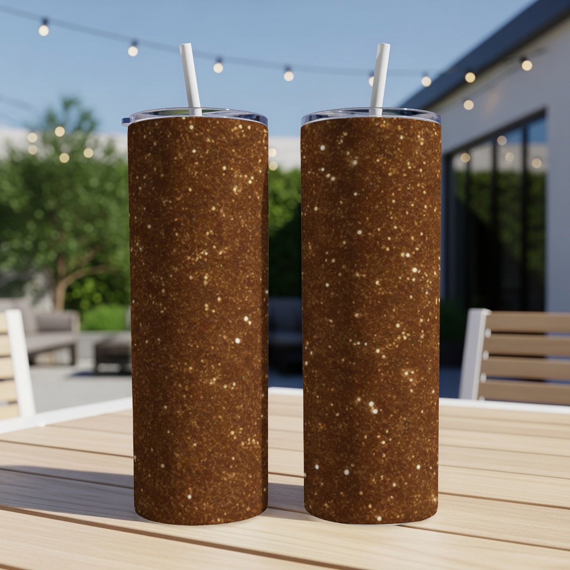 Two brown glitter tumblers with white straws on a wooden table.