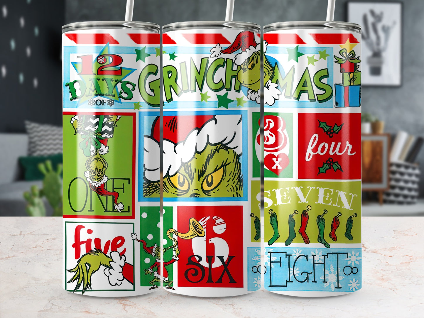 The Grinch Christmas countdown tumbler featuring characters and numbers.