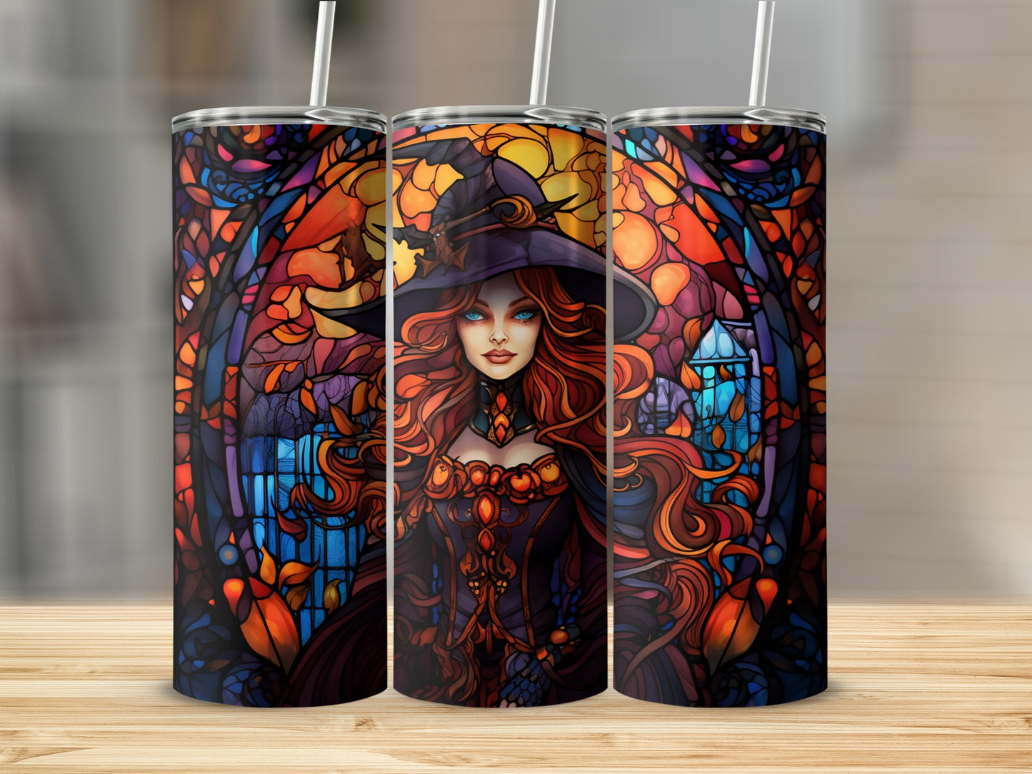 Three tumblers with stained glass witch design and straws.