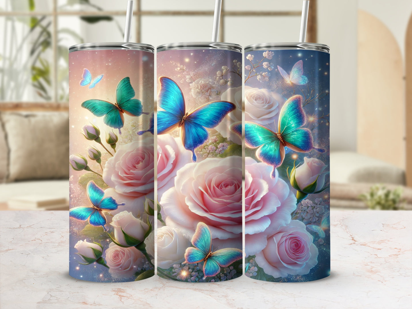 Elegant Butterfly and Rose Design Tumbler