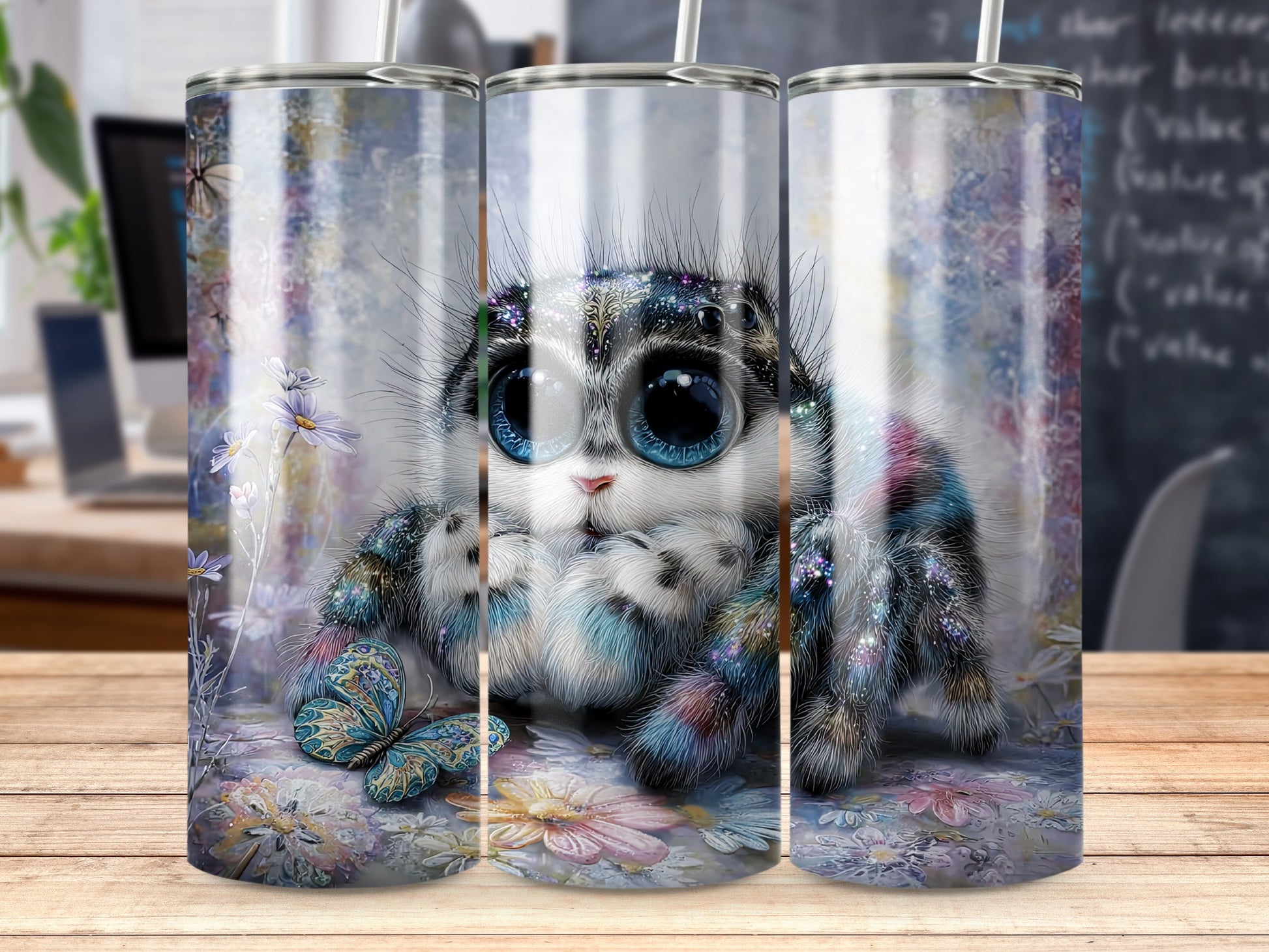 Cute Furry Spider Tumbler with Butterfly Design