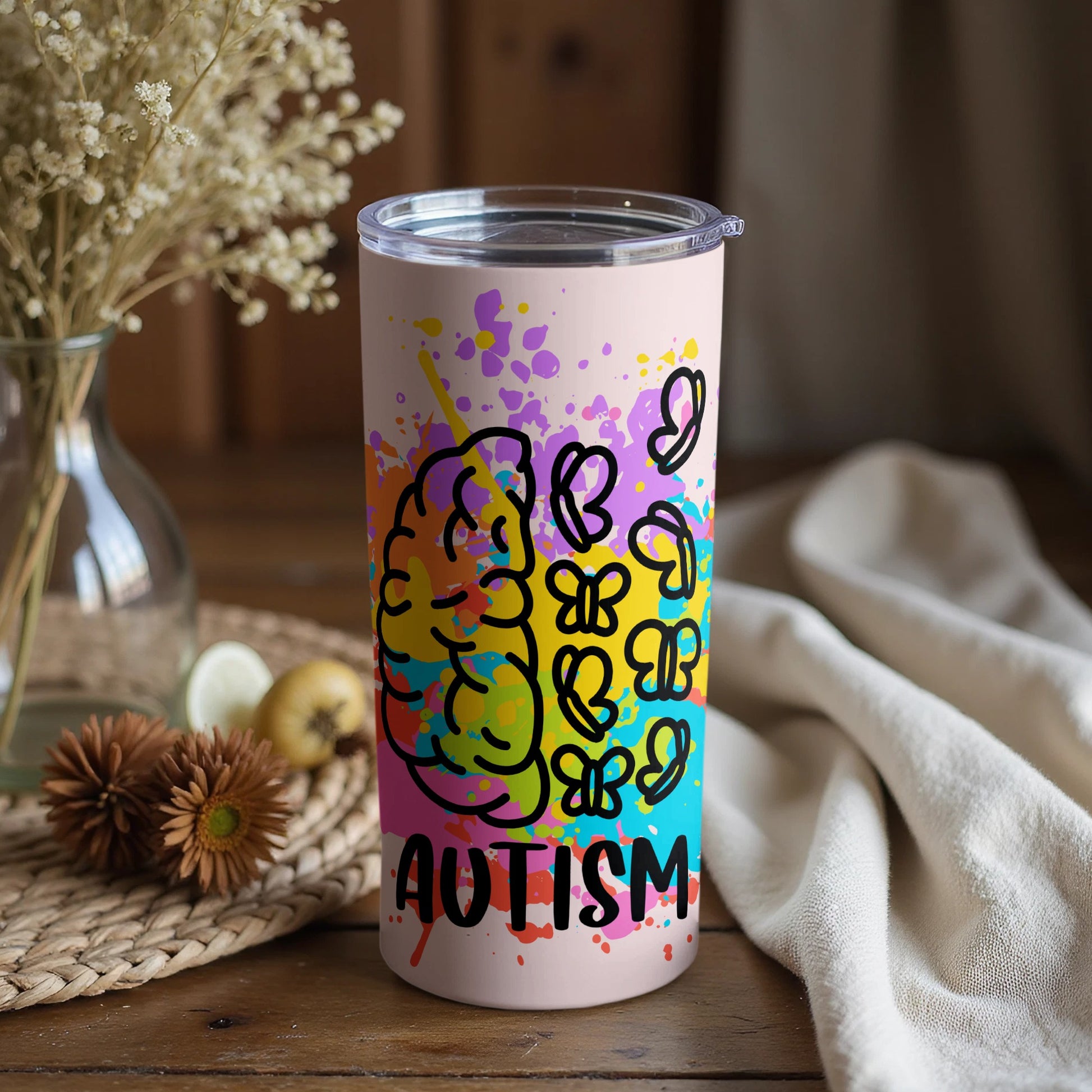 Colorful Brain and Butterflies Design Autism Tumbler