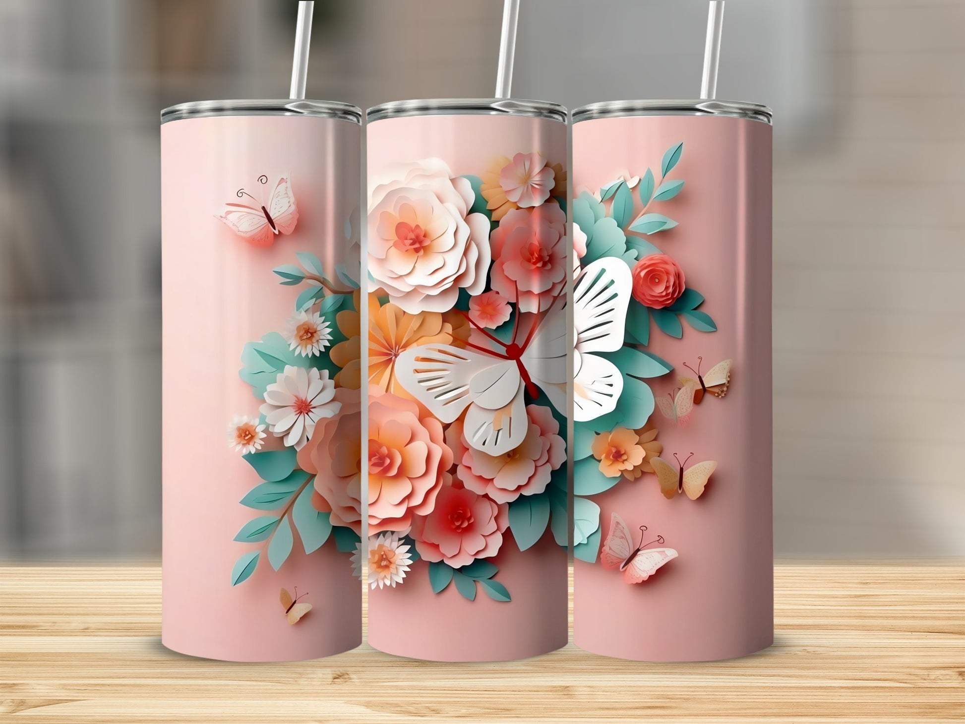 Floral and Butterfly Tumbler with Pastel Colors Design