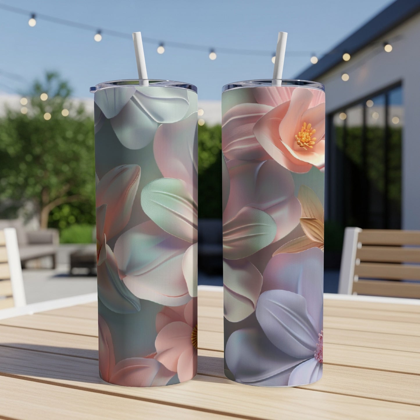 Two tall tumblers with floral patterns in pastel colors on a table.