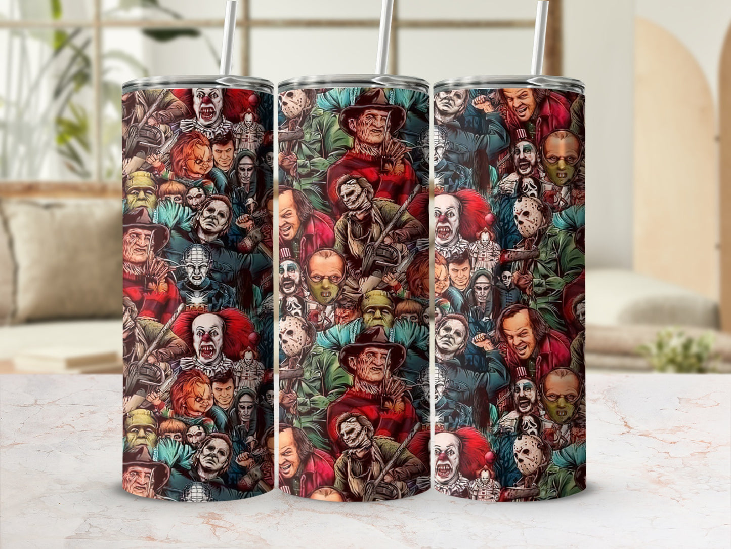 Three tumblers feature a collage of famous horror movie villains with straws.