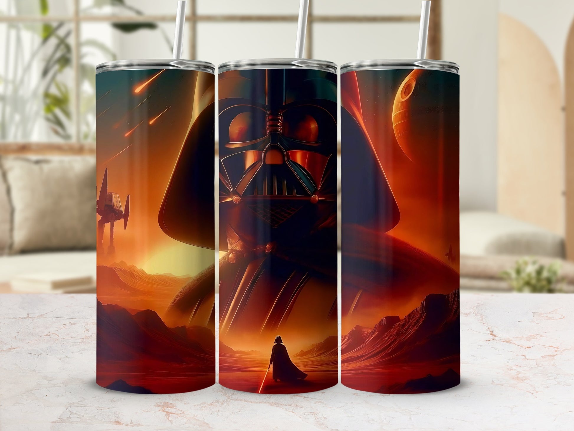 Vader Starship Death Star Fiery Sky Desert tumbler