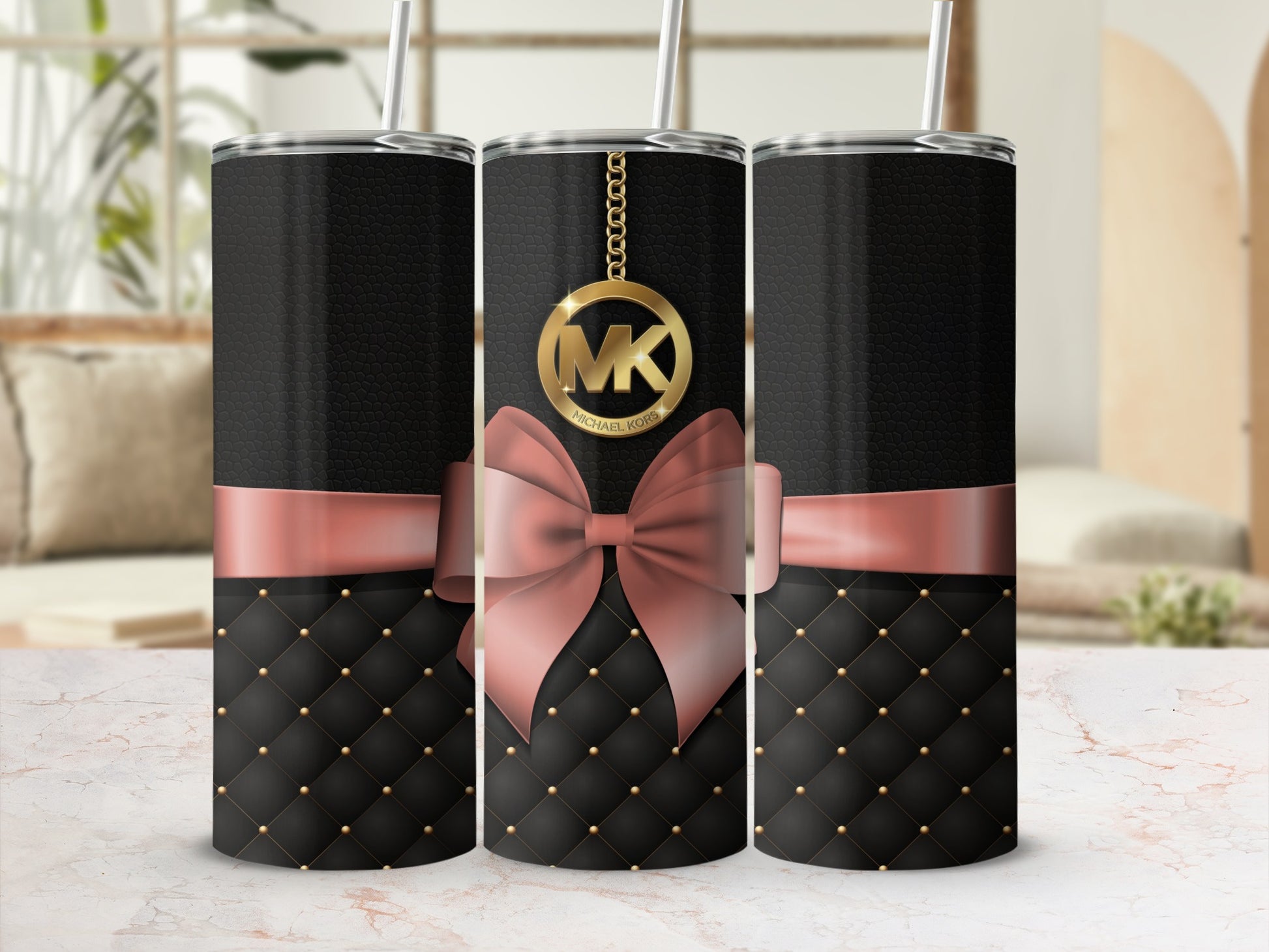 Elegant Black and Pink Gold MK Bow Design Tumbler