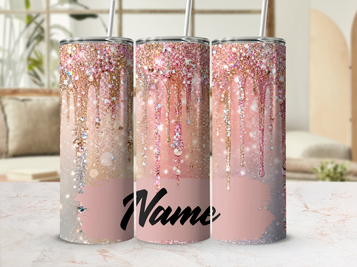 Three glitter tumblers with pink and gold dripping design, word "Name" in script.