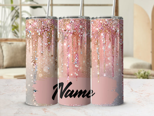 Three glitter tumblers with pink and gold dripping design, word "Name" in script.
