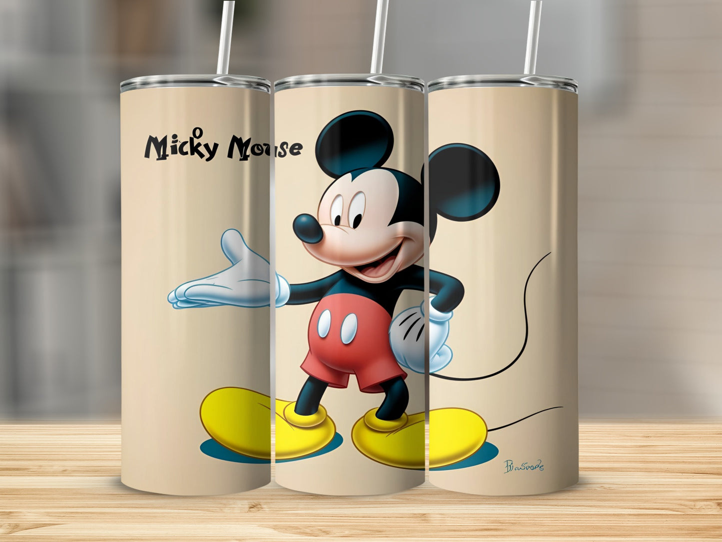 Mickey Mouse posing, two identical tumblers displayed side by side.