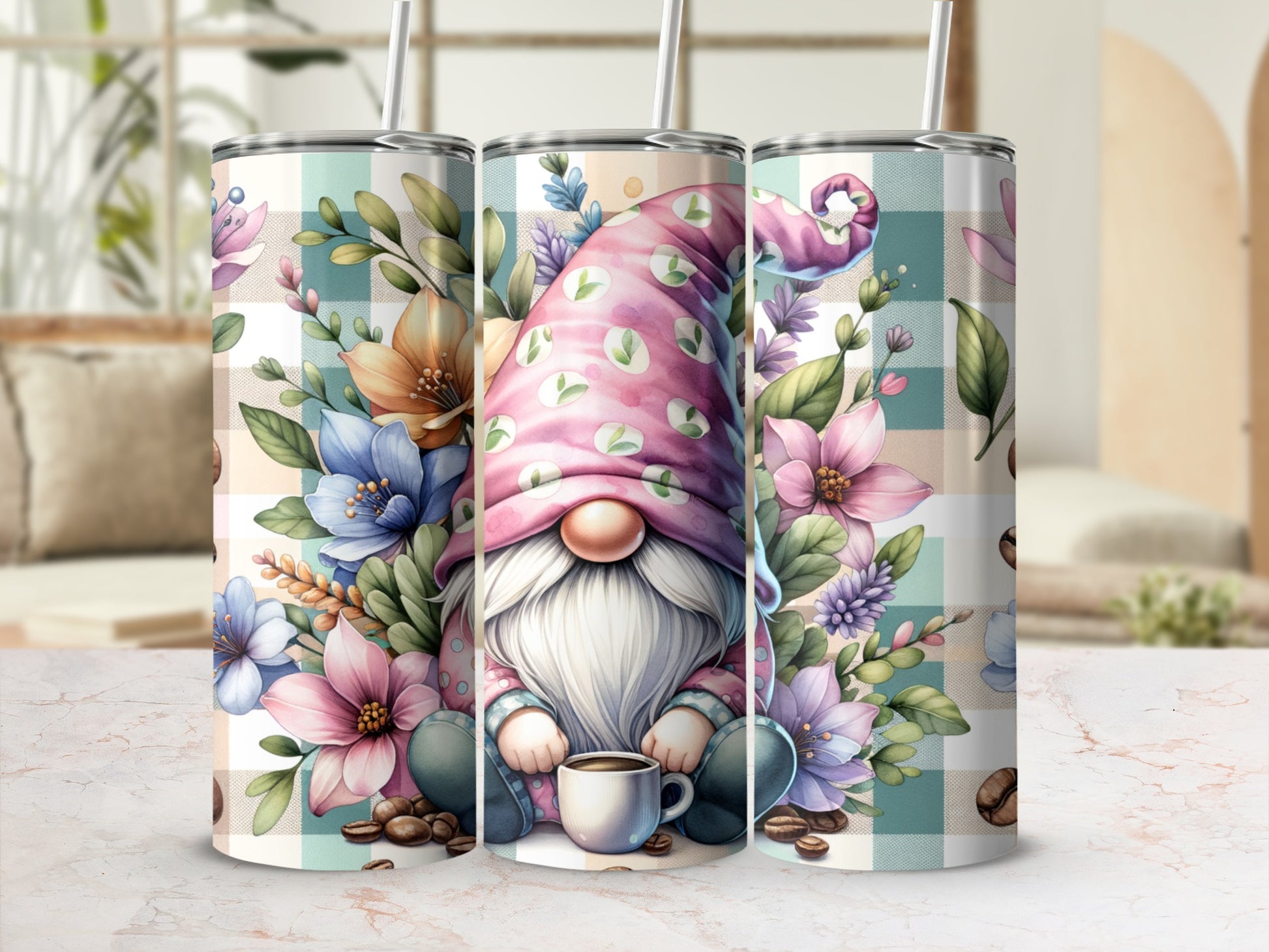 Gnome with pink polka dot hat and flowers holding coffee cup.