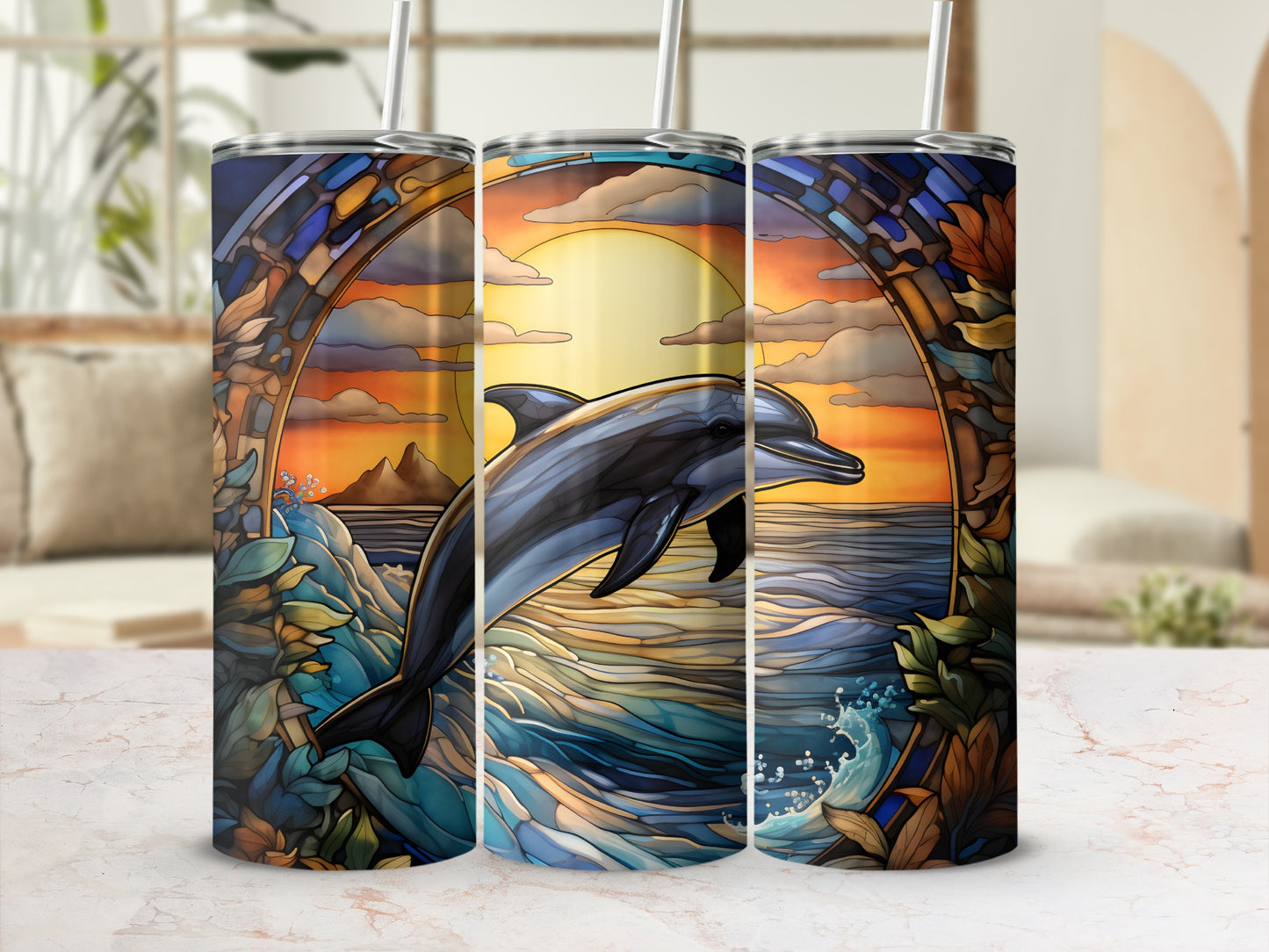 Dolphin leaping from ocean waves with stained glass frame.