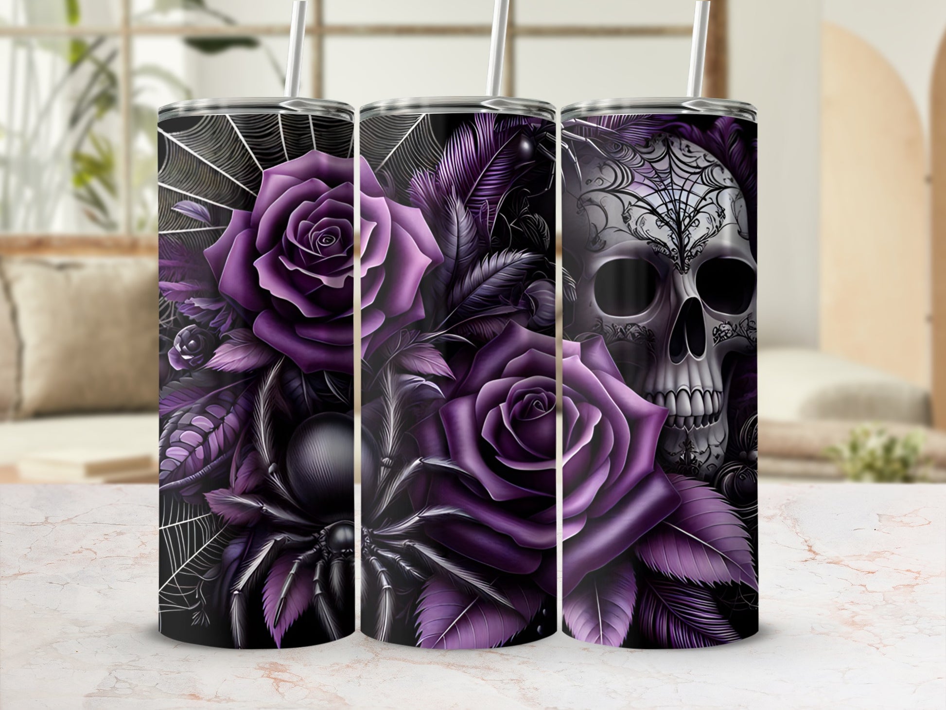 Purple roses, spider, and skull on a tumbler.