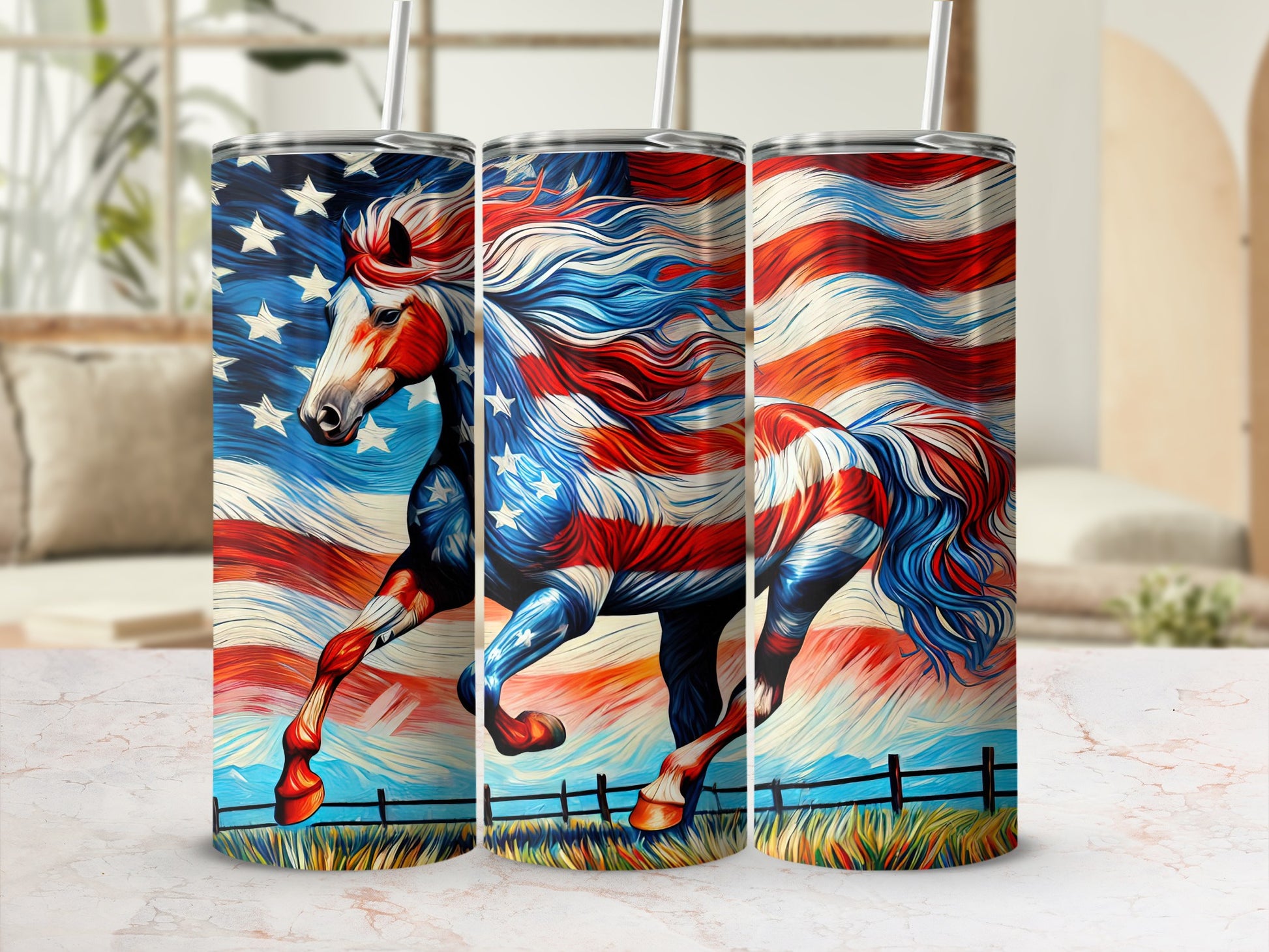 Three tumblers featuring a running horse against an American flag background.