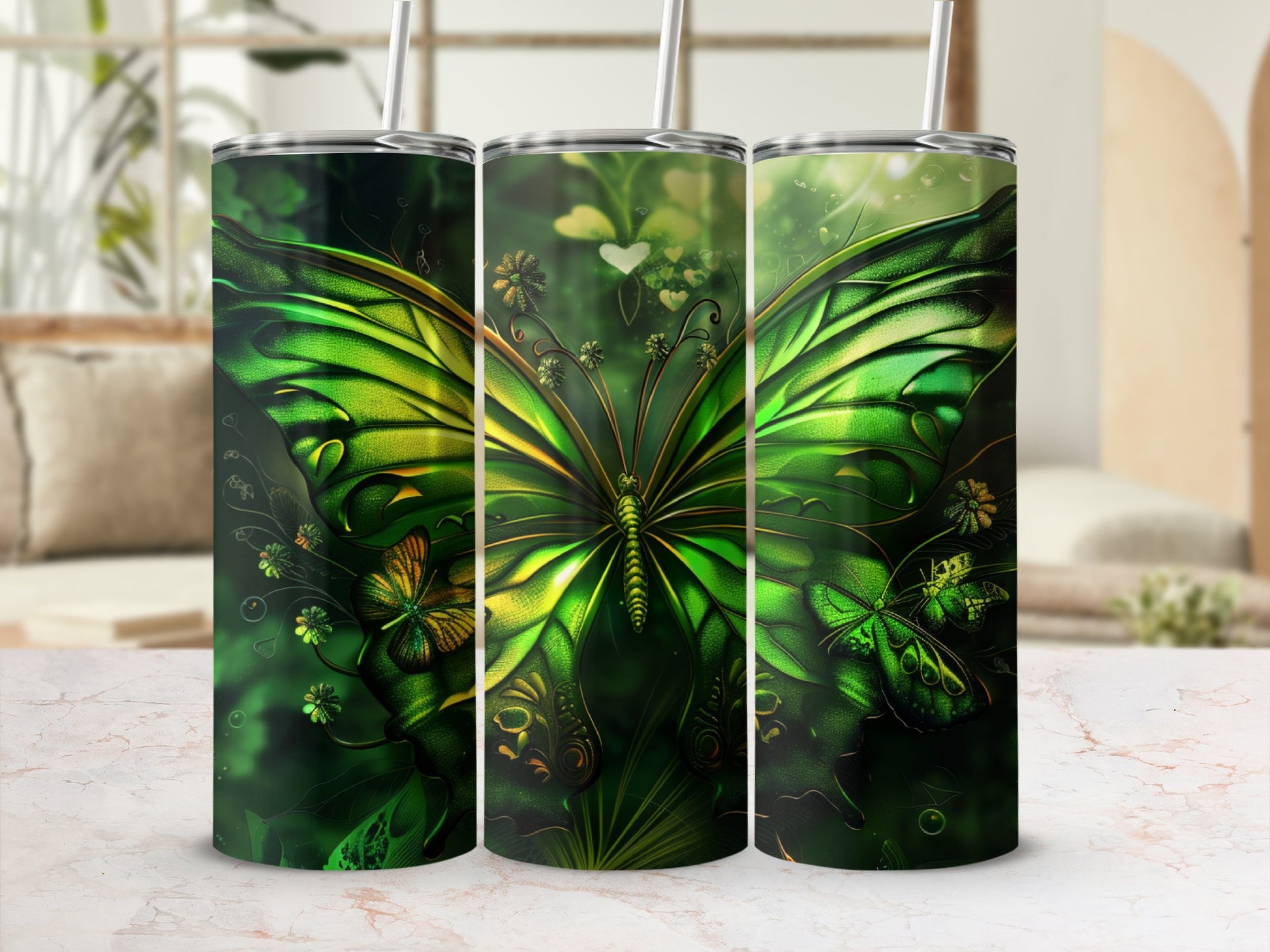 Green butterfly tumbler with intricate wing details and floral accents.