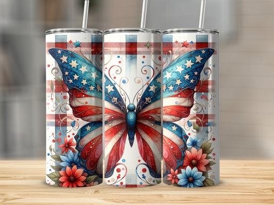 American flag butterfly with floral accents on three tumblers.