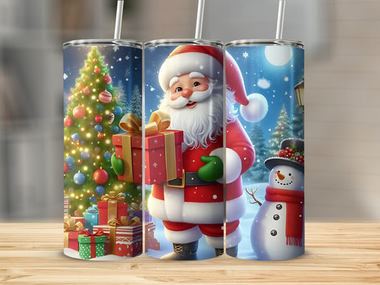 Festive Christmas Tumbler with Santa Snowman and Tree