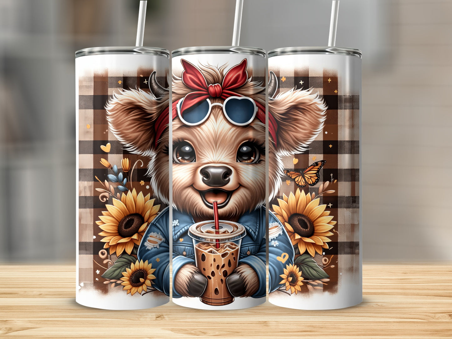 Cute cartoon cow in denim jacket holds iced coffee, sunflowers, and plaid background.