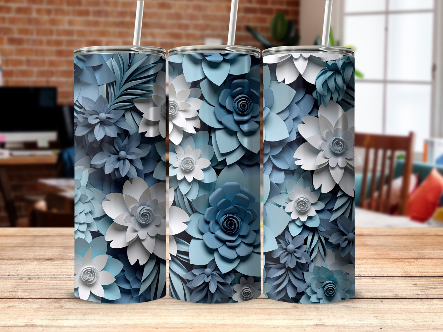 Blue and White Floral Pattern Insulated Tumbler