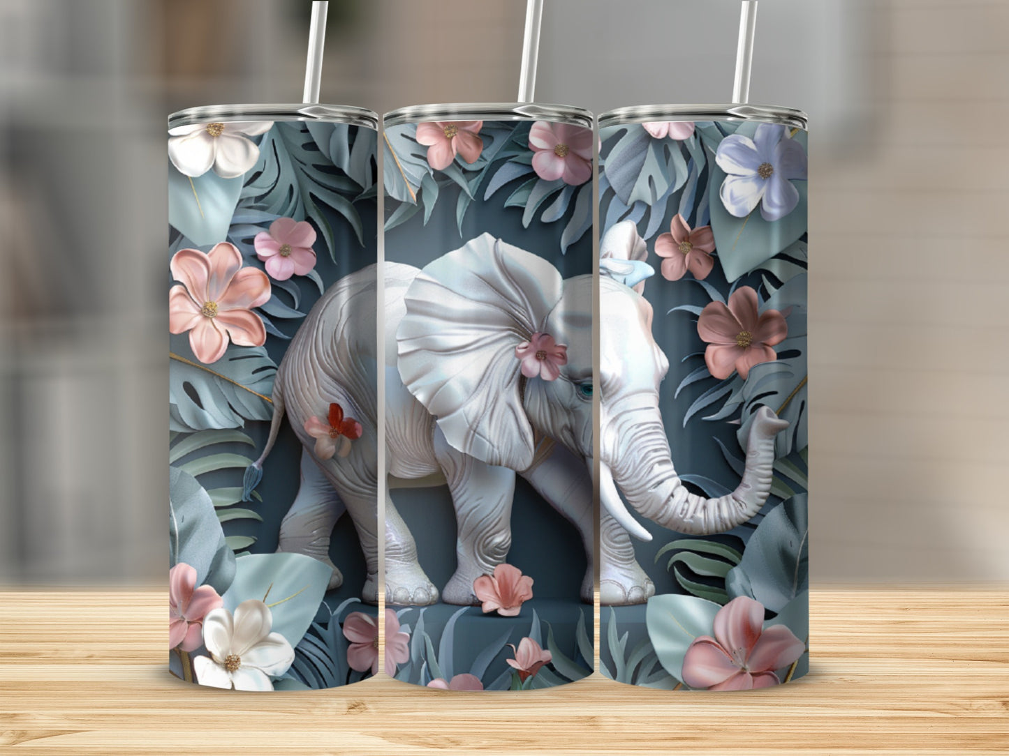 White elephant with pink and blue flowers on a dark floral background.