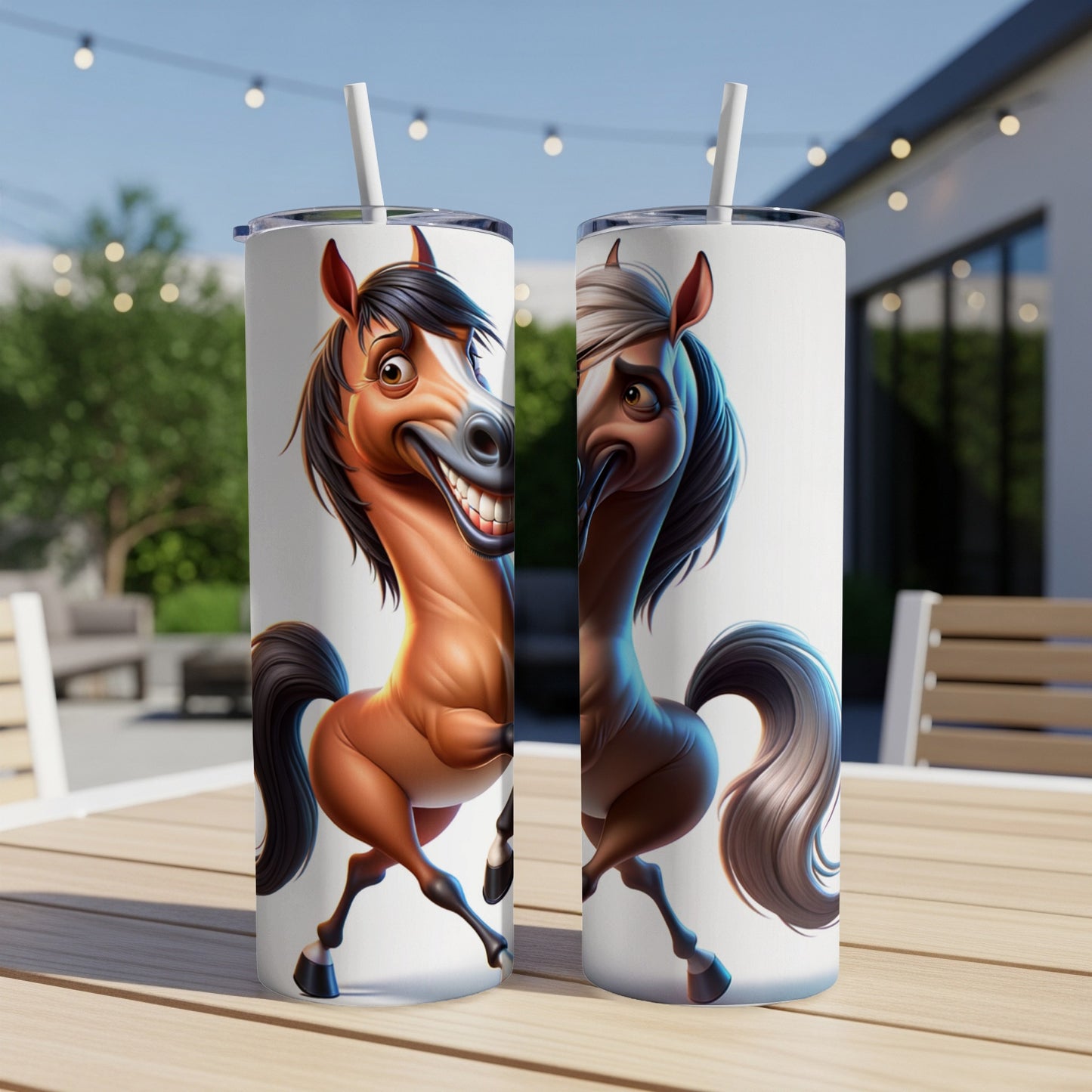 Two tall tumblers featuring a cartoon horse with wide eyes and a playful expression.
