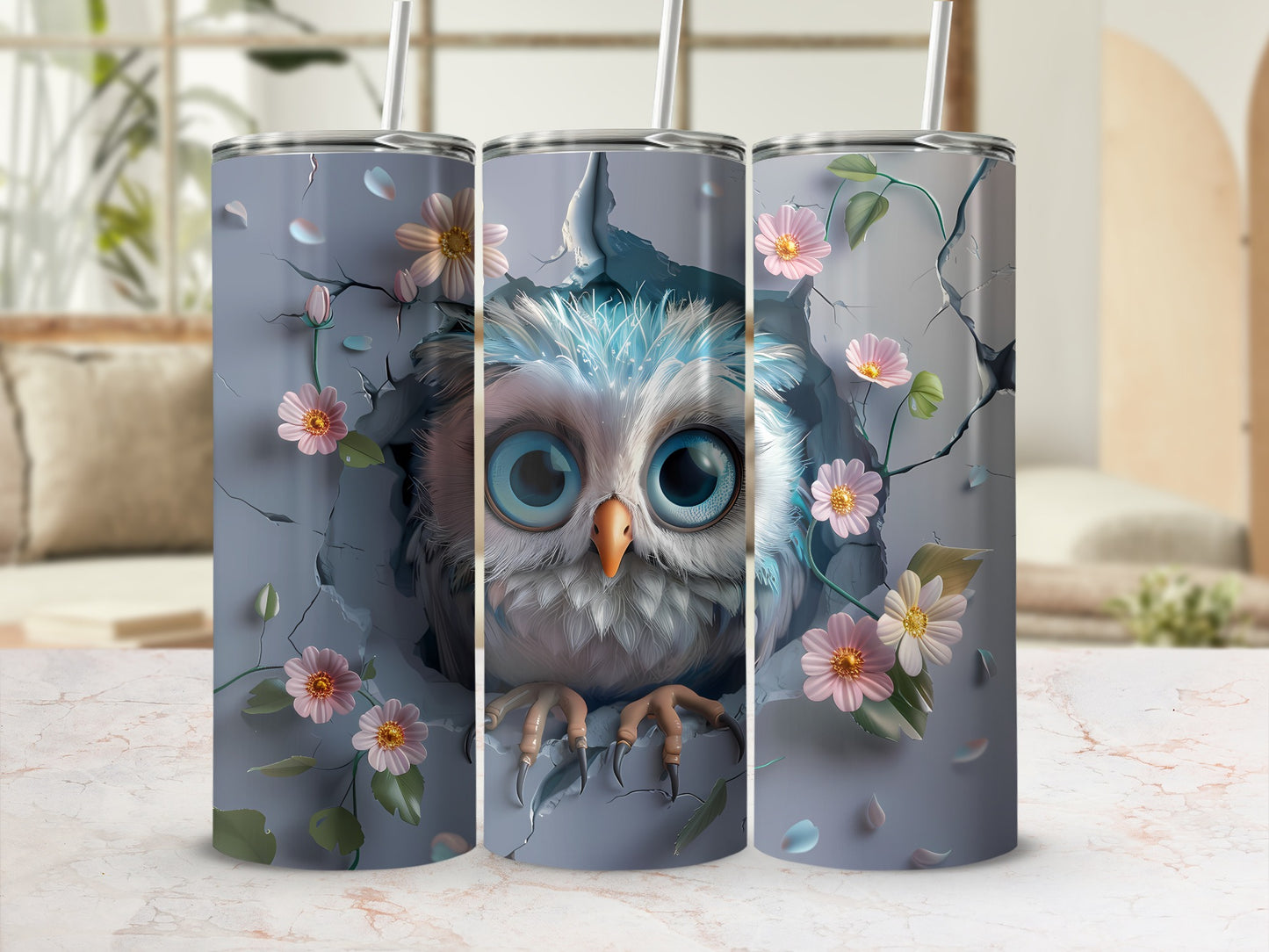 Triptych of a cute owl peeking through a cracked wall with flowers.