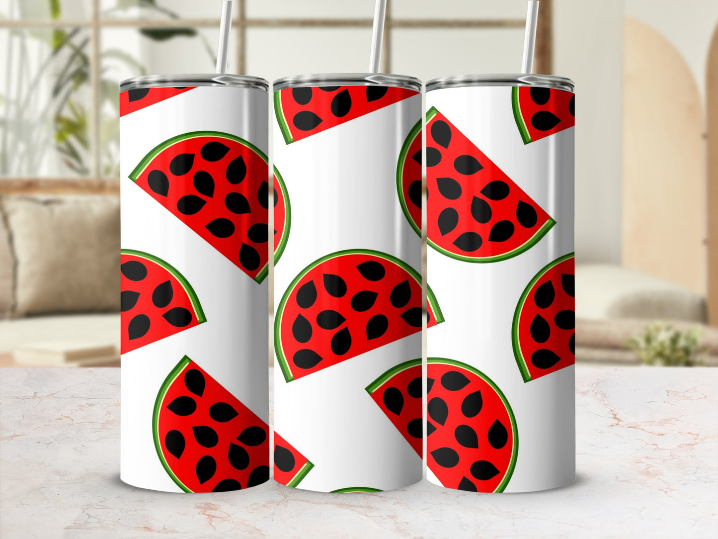 Three tumblers with a repeating pattern of watermelon slices.