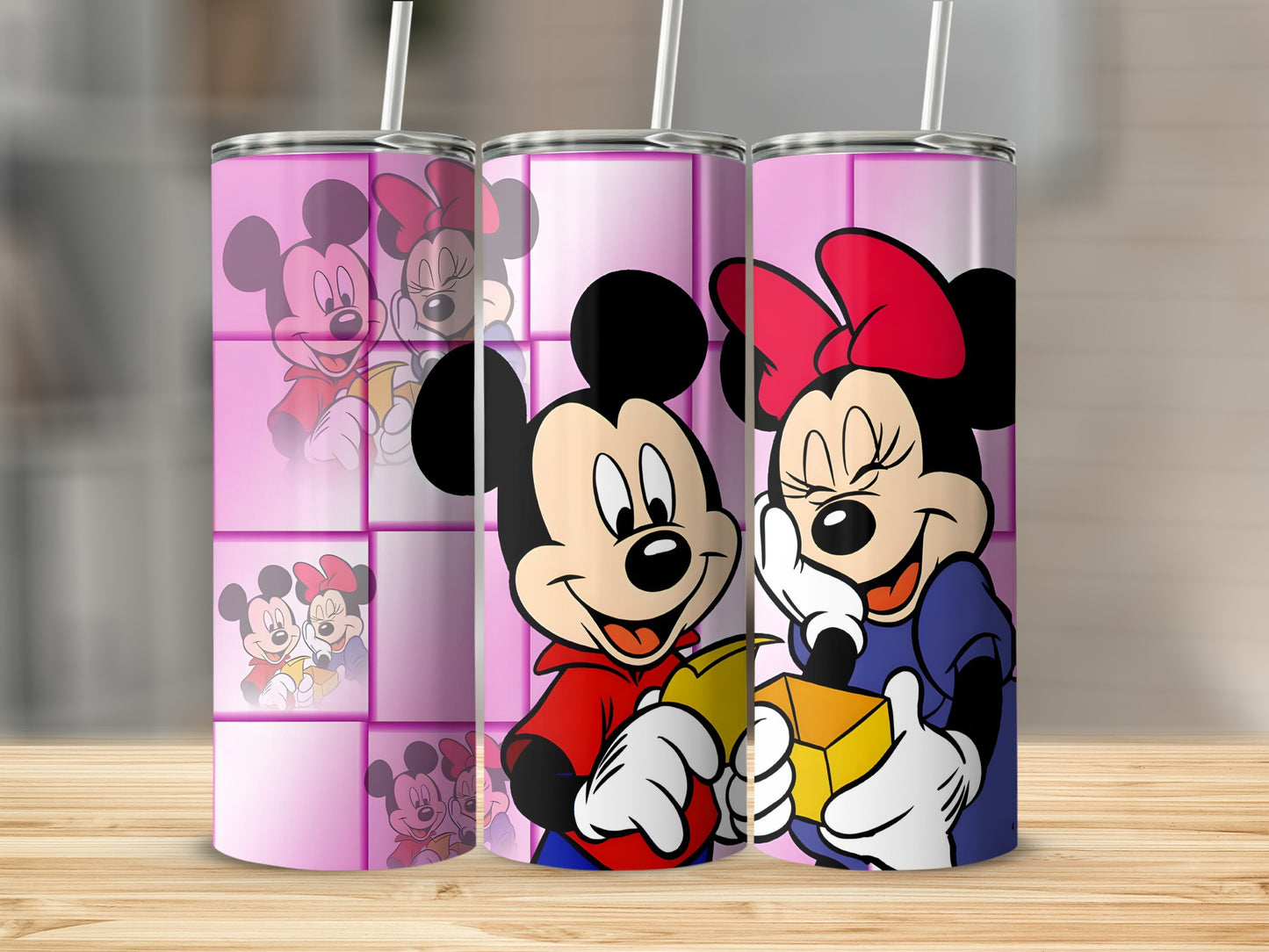 Mickey and Minnie Mouse on a pink tumbler with a brick pattern.