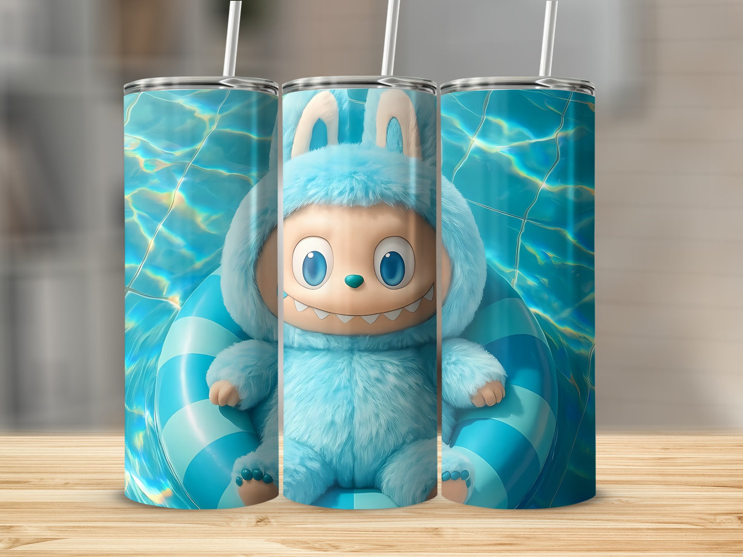 Cute Blue Monster with Bunny Ears Drink Tumbler