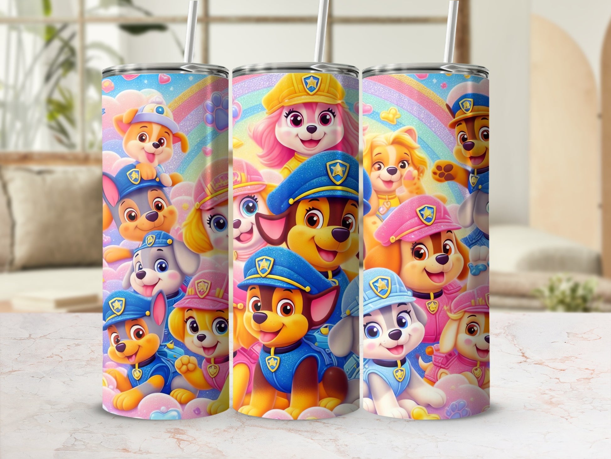 Colorful Cartoon Puppy Characters on Tumbler Product
