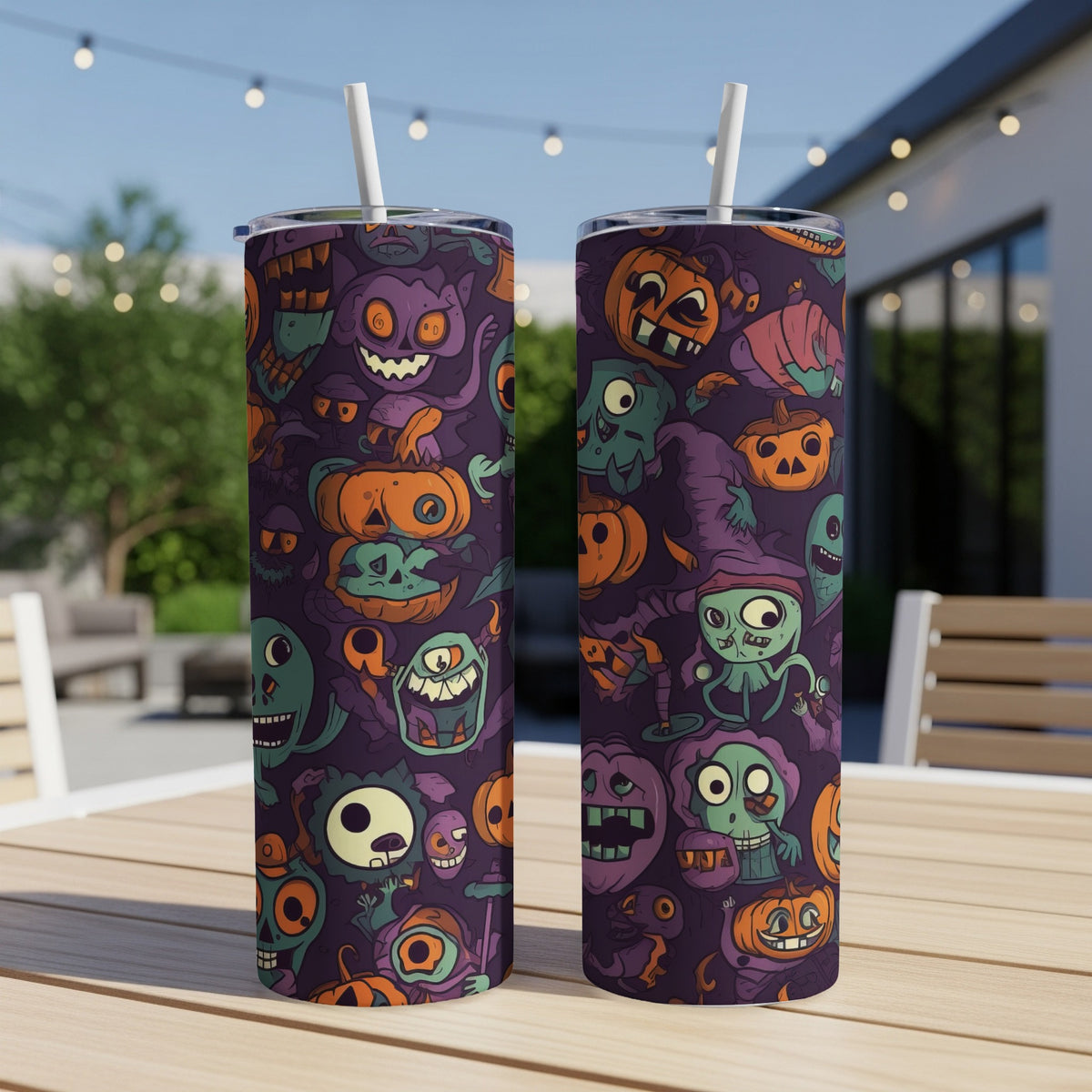 Two tumblers with a repeating pattern of cartoonish Halloween monsters, pumpkins, and skulls.