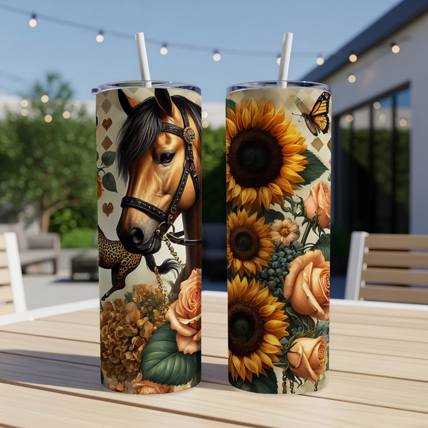 Horse and sunflower pattern on two tumblers with straws on outdoor table.