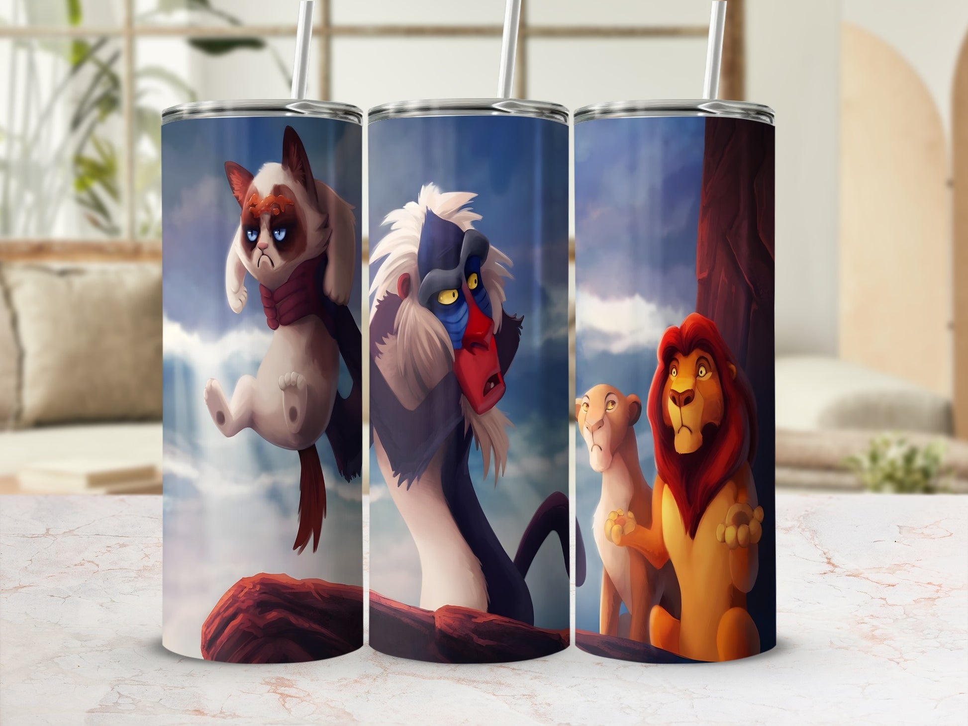 Three tumblers feature The Lion King characters: Pumbaa, Rafiki, and Simba.