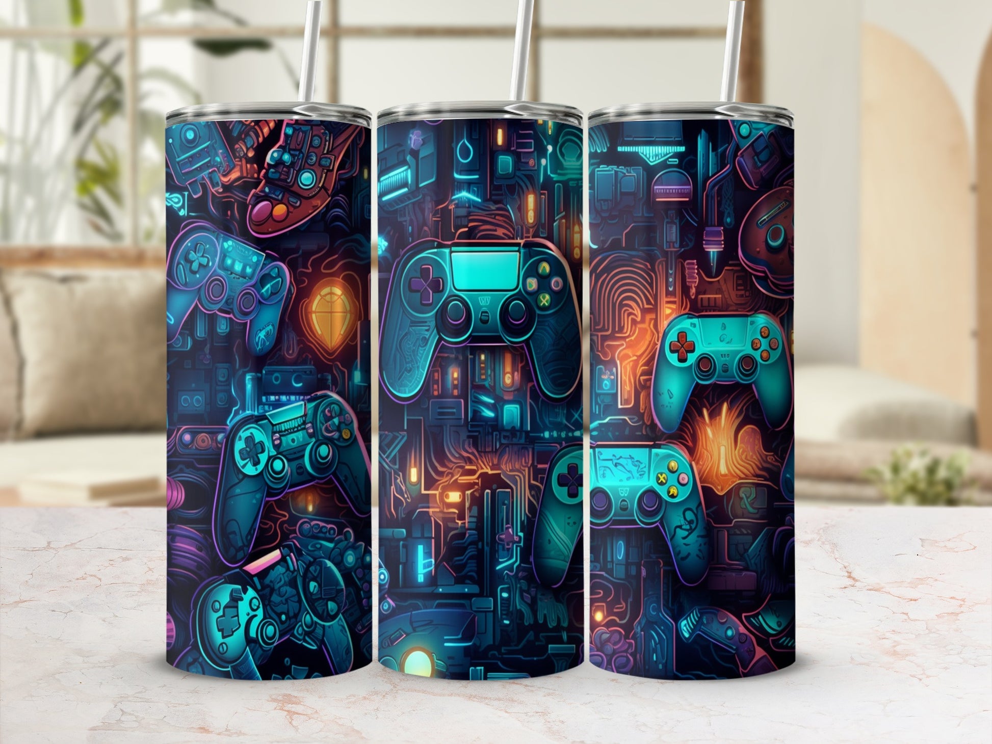 Three colorful tumblers with video game controller and circuit board designs.
