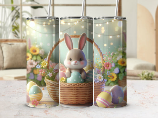 Easter bunny in basket with decorated eggs and flowers, string lights.