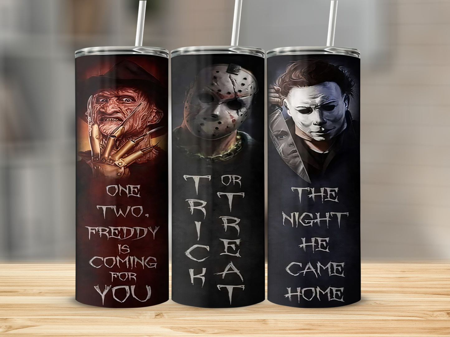 Three tumblers featuring Freddy, Jason, and Michael Myers with horror movie quotes.