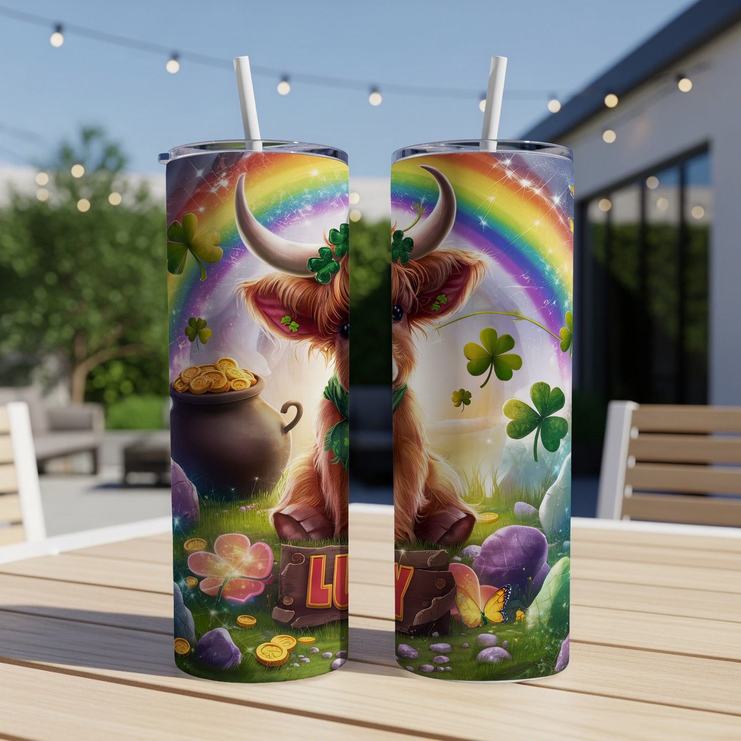 Highland cow wearing a shamrock garland, with pot of gold and rainbow.