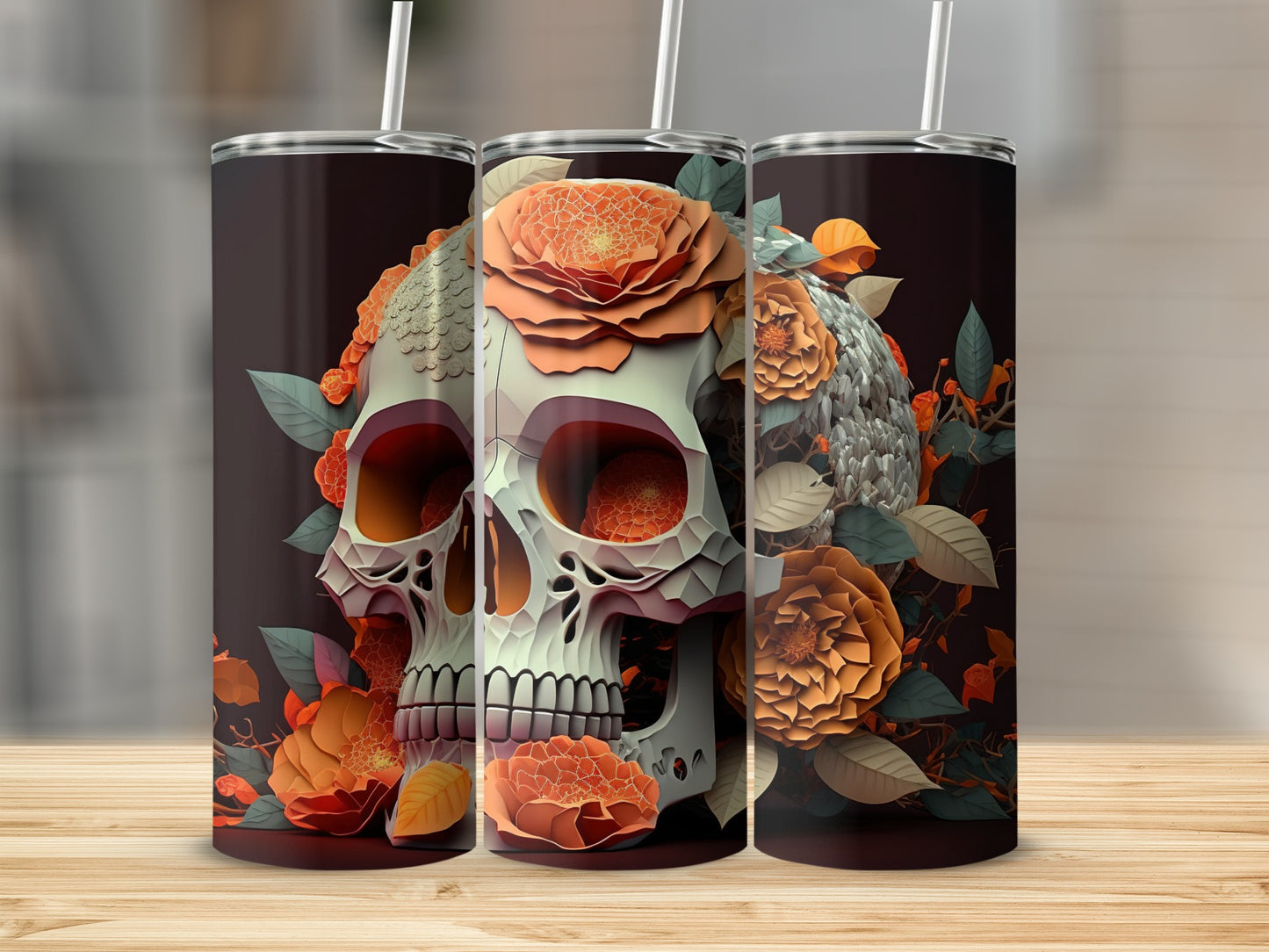 Floral Skull Stainless Steel Tumbler with Straw