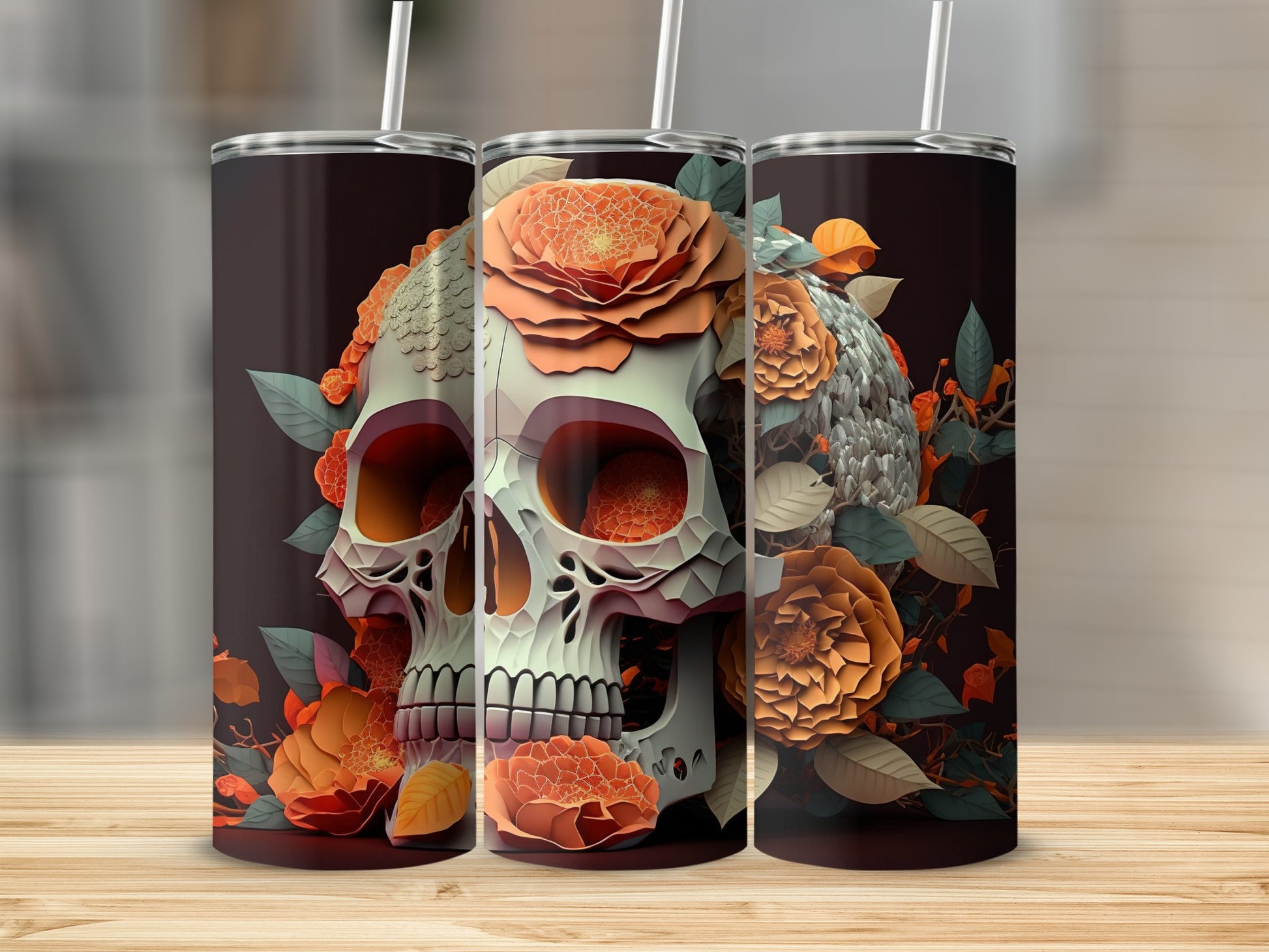 Floral Skull Stainless Steel Tumbler with Straw