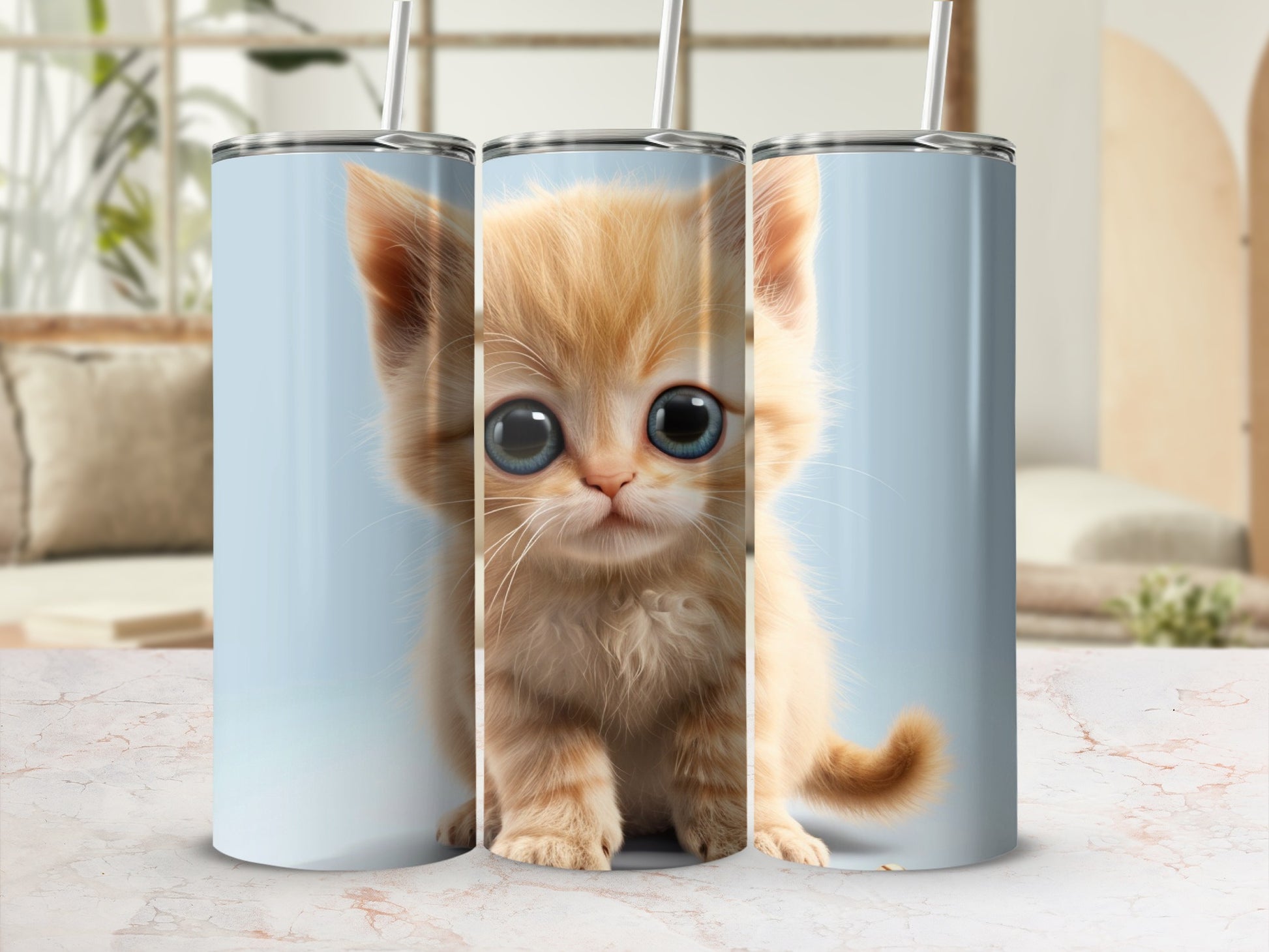 Orange kitten with large blue eyes on a light blue background.