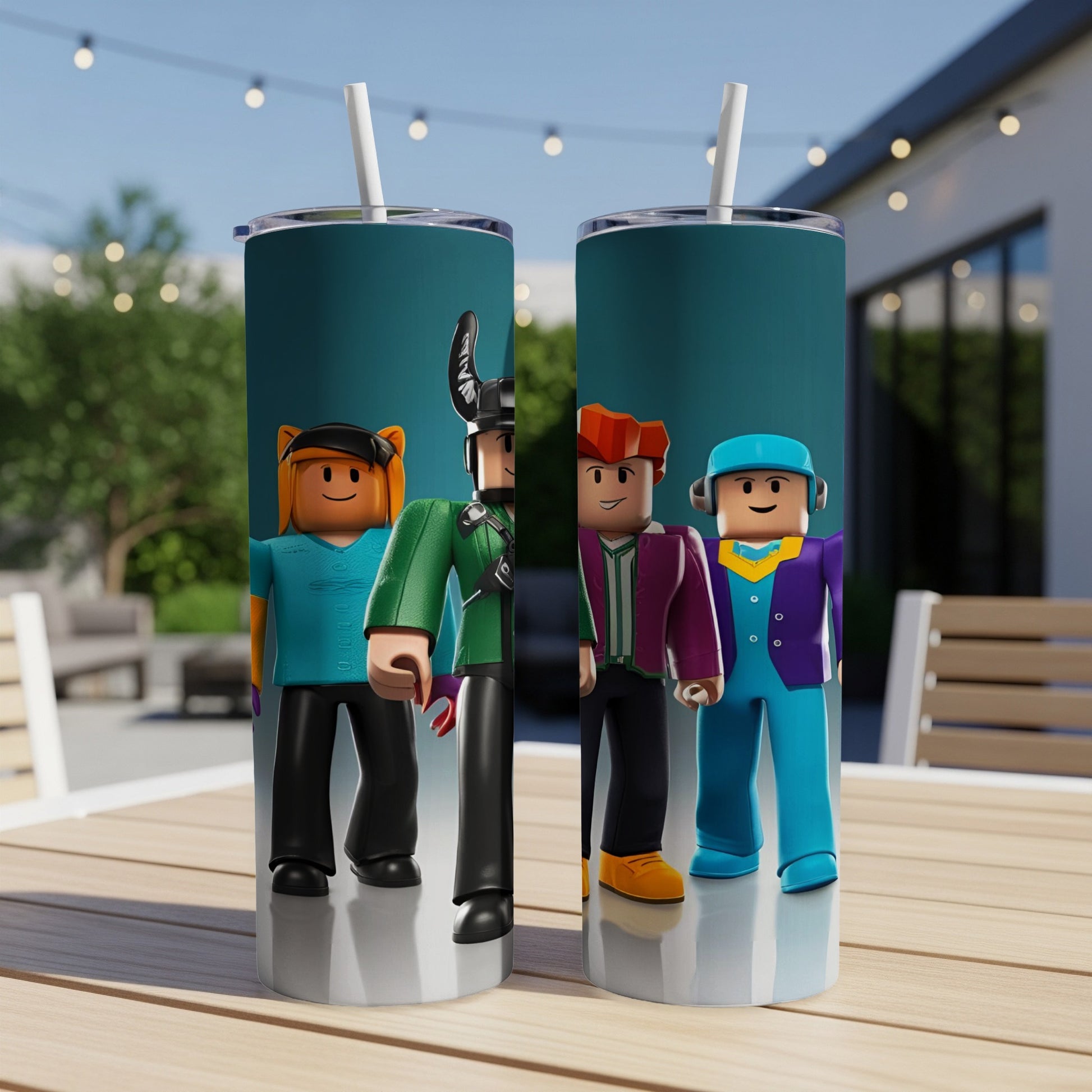 Roblox characters in blue, green, and purple outfits stand against a teal background.