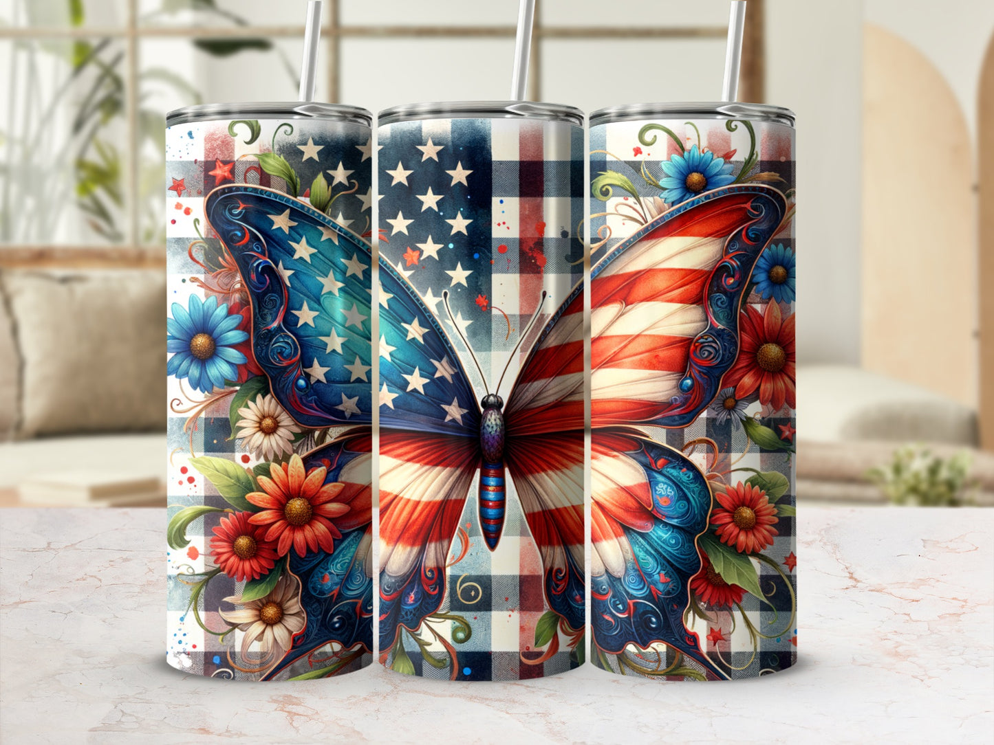 Tumbling tumbler with American flag butterfly and floral pattern.
