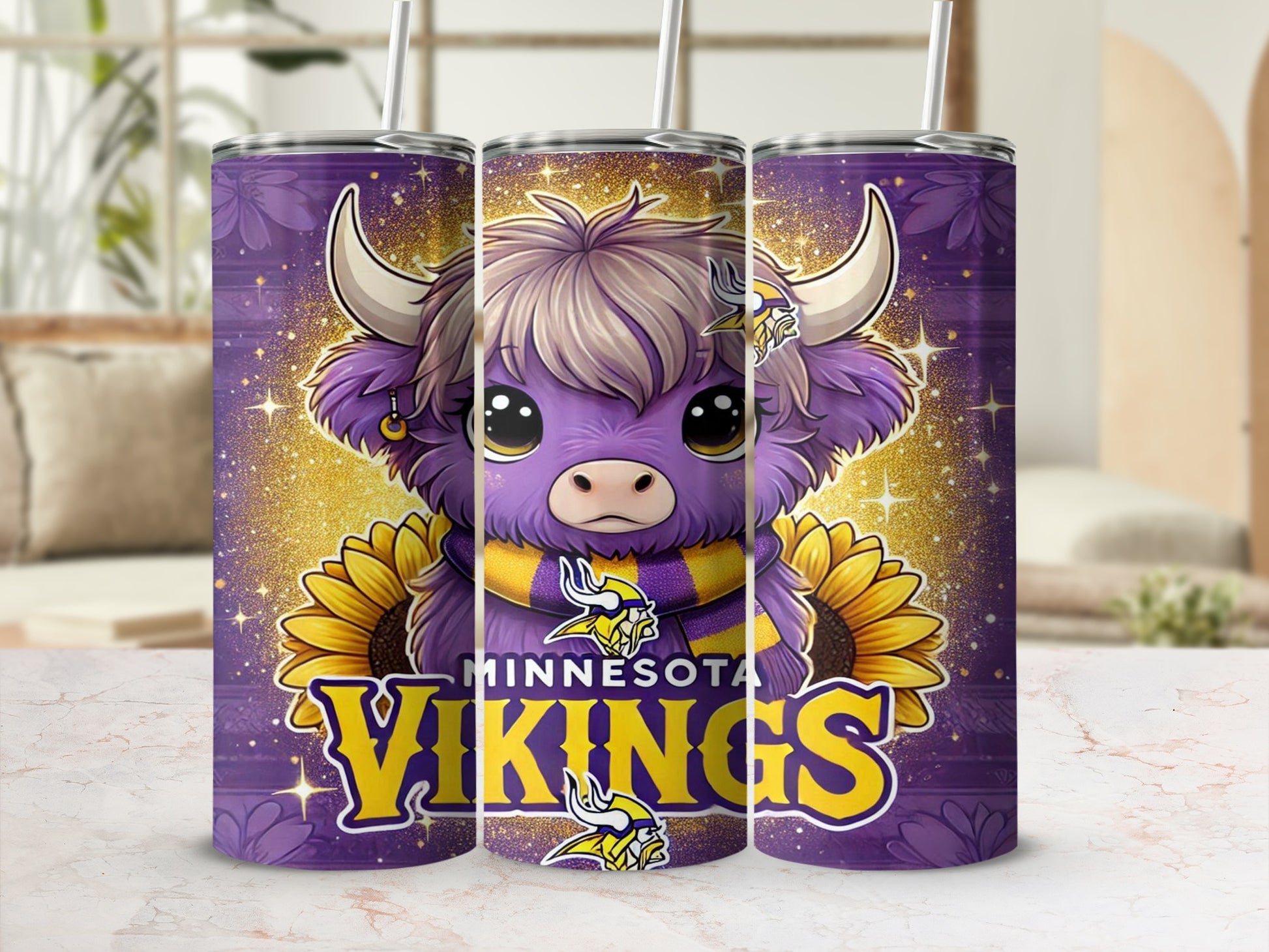 Purple tumbler with a cartoon Highland cow and Minnesota Vikings logo.