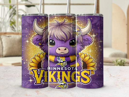 Purple tumbler with a cartoon Highland cow and Minnesota Vikings logo.