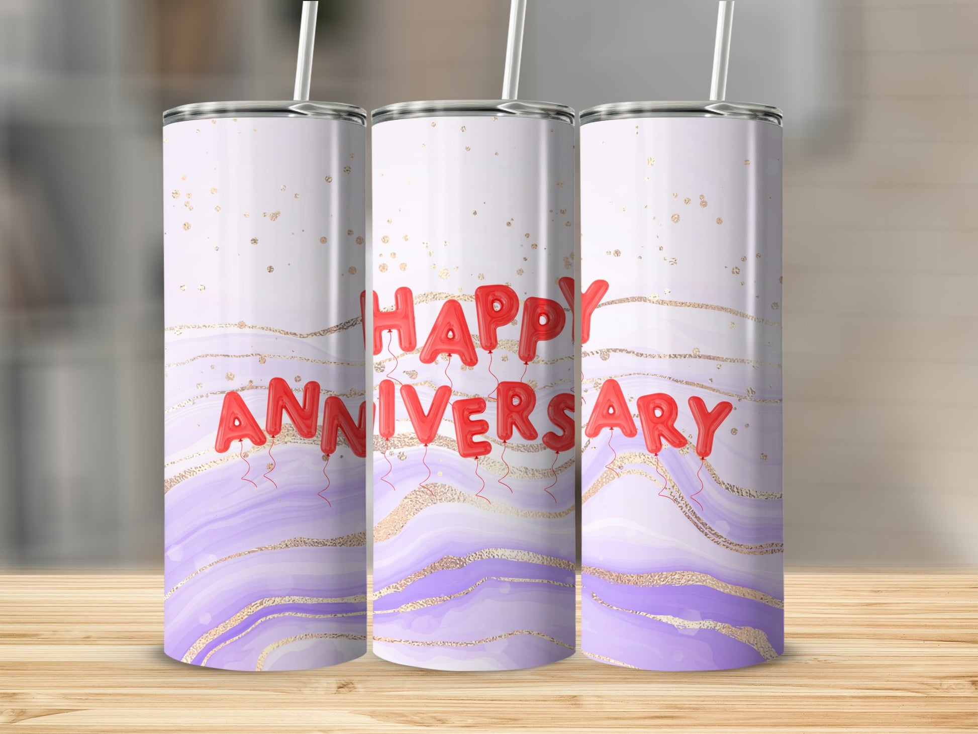 Three tumblers with "Happy Anniversary" text and purple marble design.