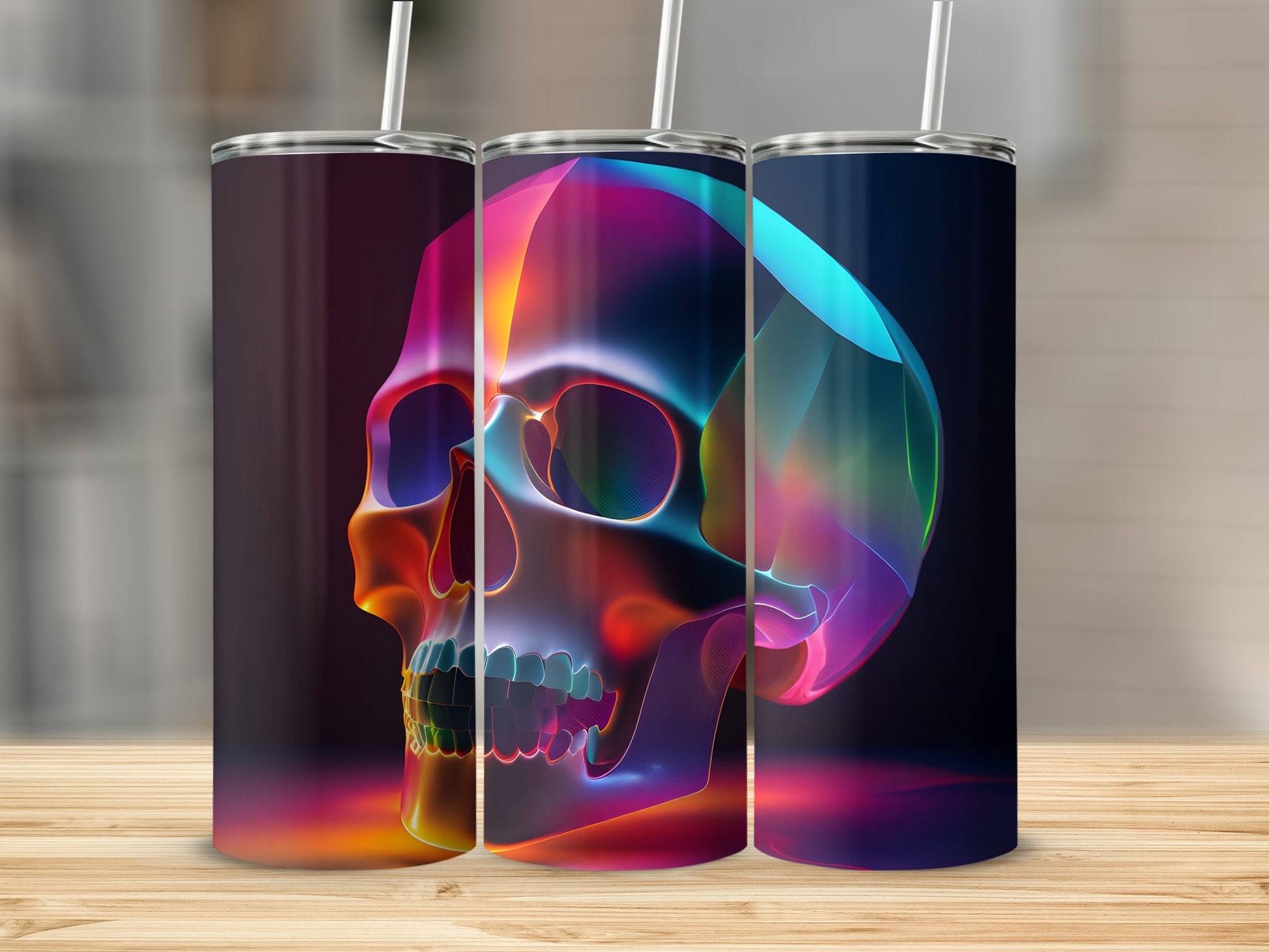 Three stylized, colorful glass skulls on a wooden surface.