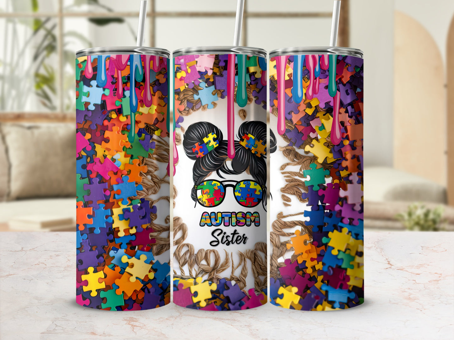 Autism Sister tumbler with puzzle pieces and colorful drips.