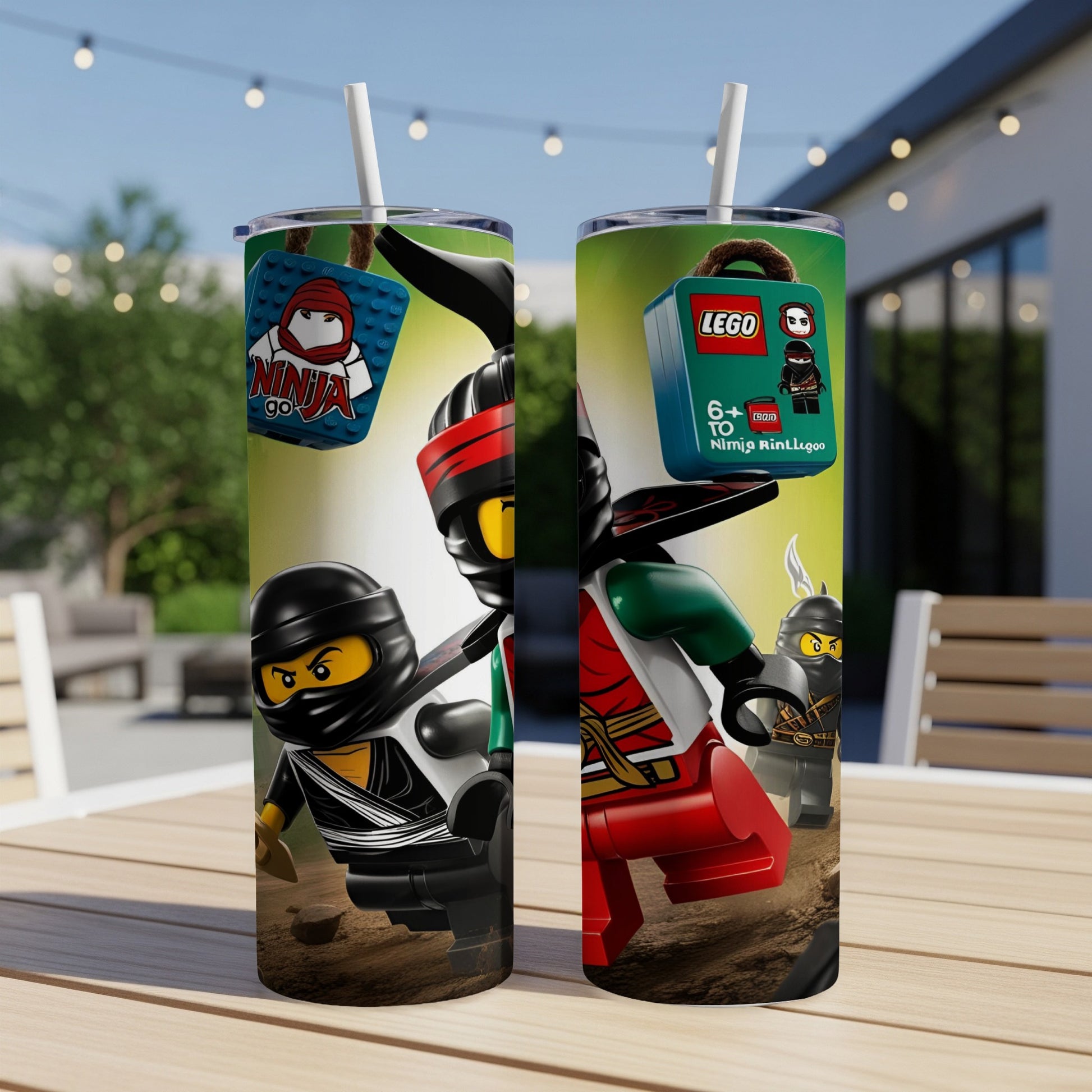 LEGO Ninjago characters on a tumbler with Ninjago branding and toy blocks.