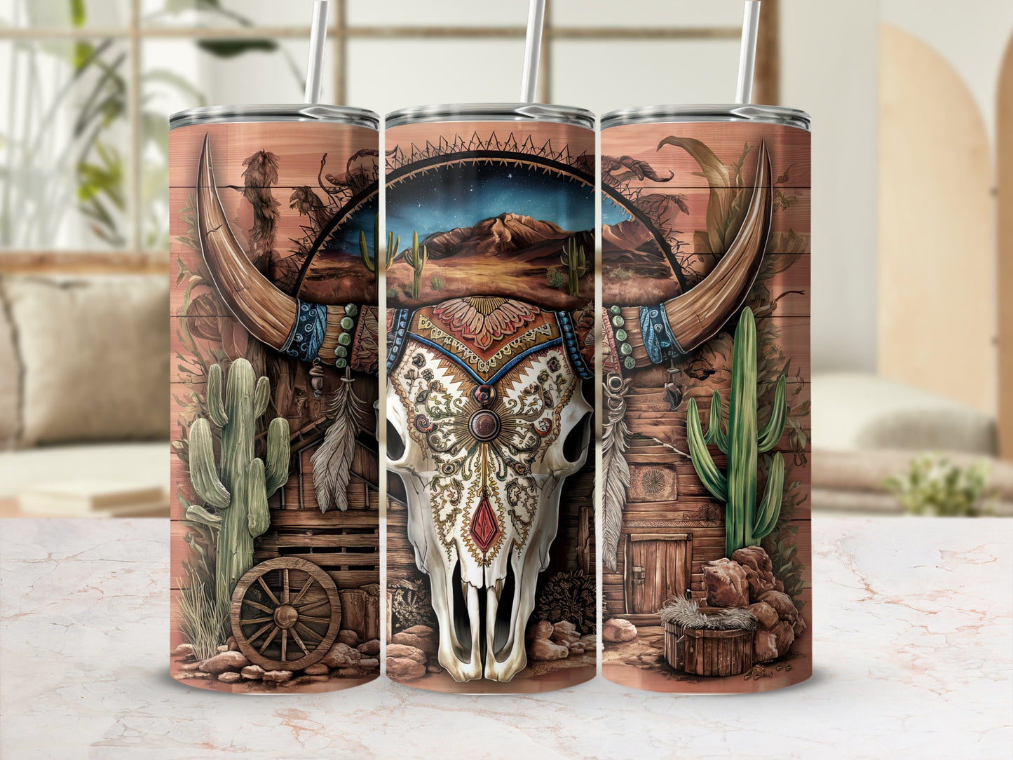 Triptych tumbler wrap featuring a decorative bull skull with desert landscape and cacti.