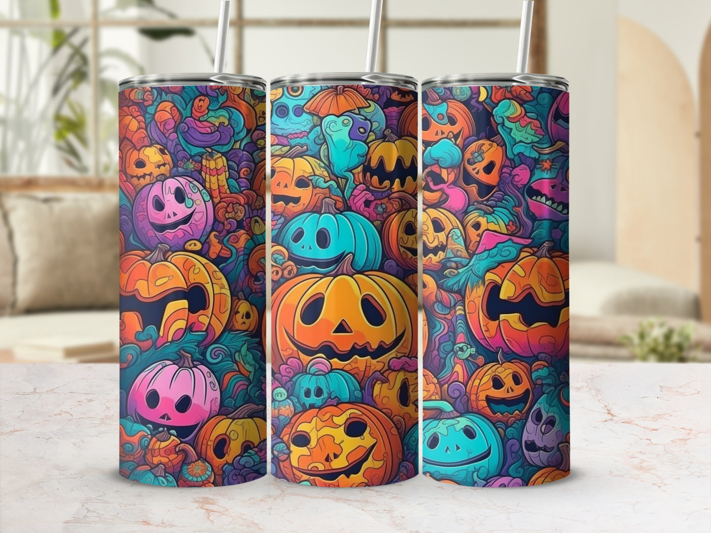 Colorful Halloween Pumpkin Pattern Tumbler Set